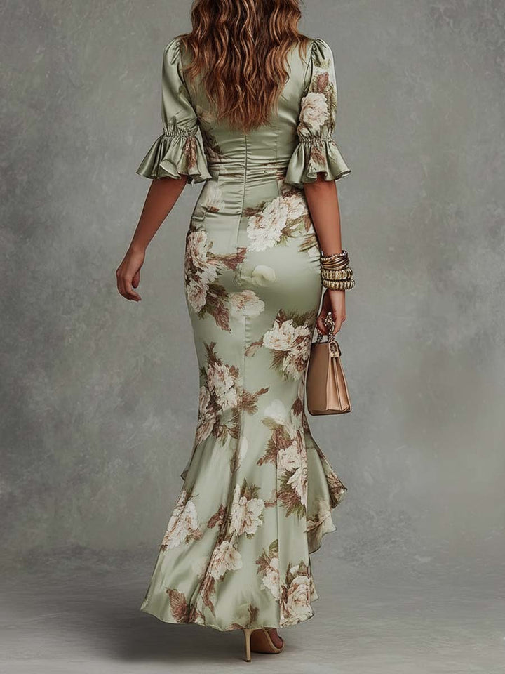 Anastasia | Asymmetrisches langes grünes Satin-Kleid