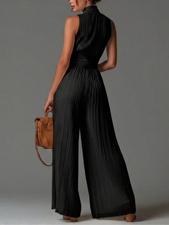Abigail - V-Ausschnitt Ärmelloser Reissverschluss Plissierter Weitbein Chiffon Jumpsuit