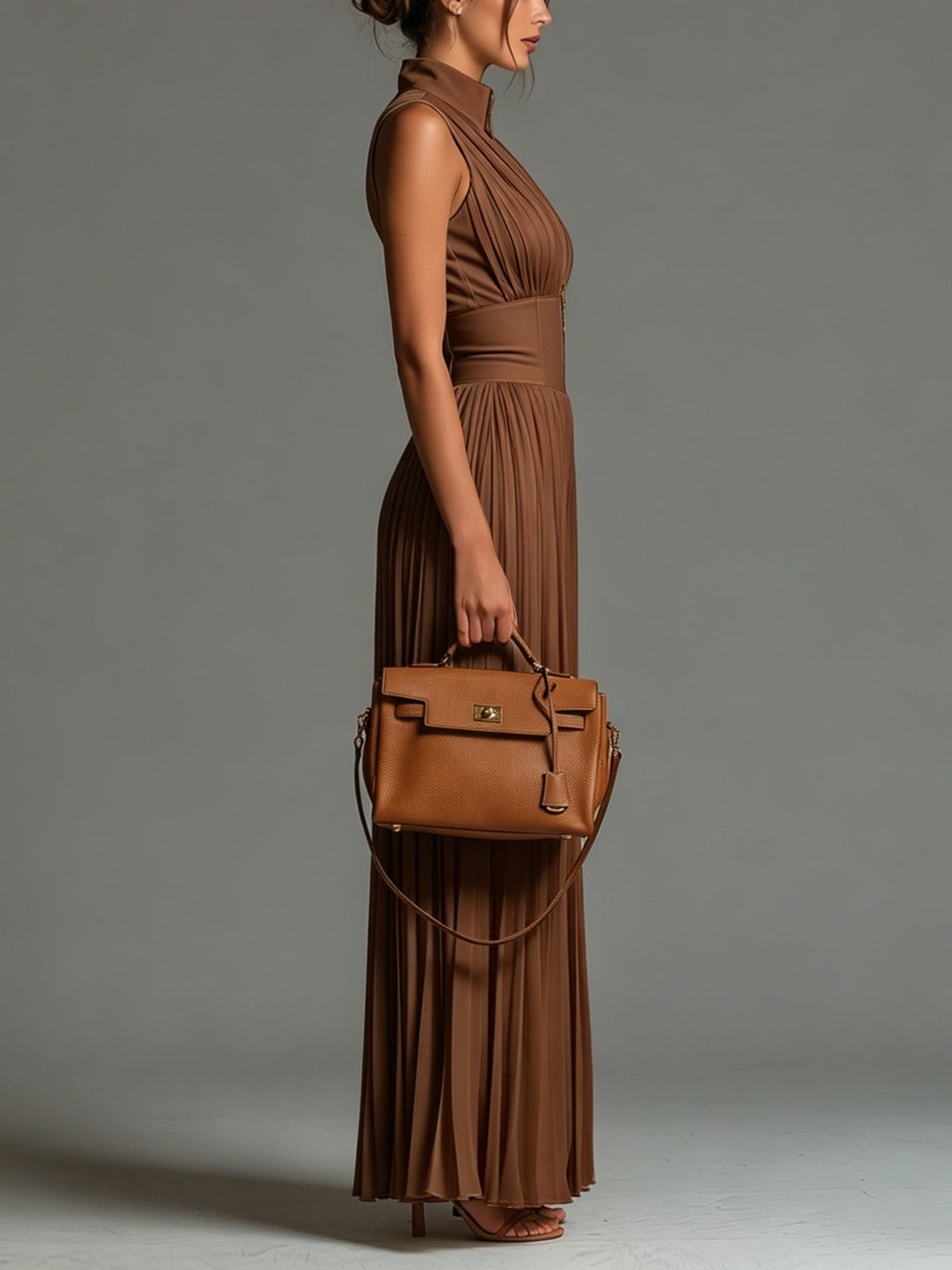 Zsófia Jumpsuit | Tuta aus plissiertem Chiffon in Karamellfarbe