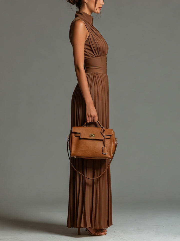 Zsófia Jumpsuit | Tuta aus plissiertem Chiffon in Karamellfarbe