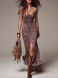 Anselma | Grauviolette Plissierte Blumenmuster Schlitz Maxi-Kleid
