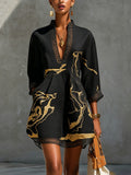 Brigitte | Mini Schwarz Kleid mit goldenem Marmorprint und Häkelspitze