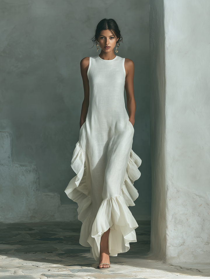 Sophie - Ivory Leinen Ärmelloses Maxikleid