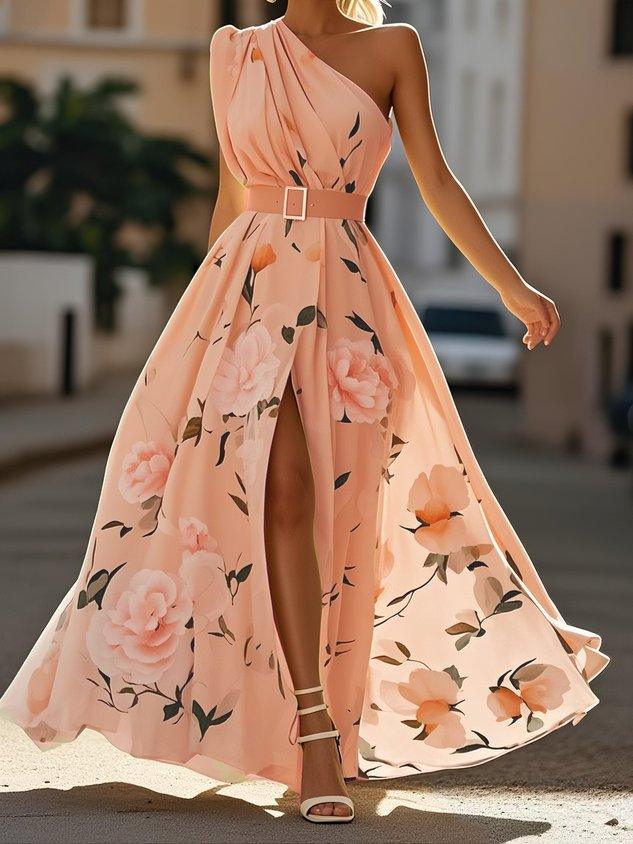 Sella - Rüschendes Ein-Schulter A-Linie Maxi Chiffon Kleid