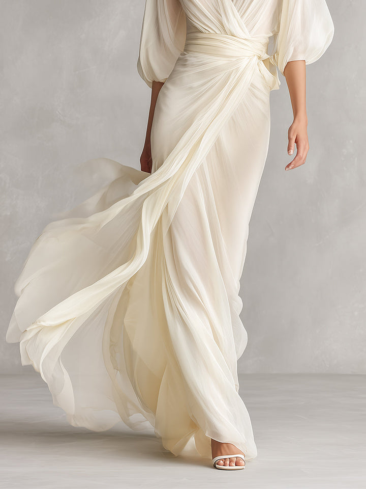 Sefa - Elfenbein Transparente Chiffonkleid