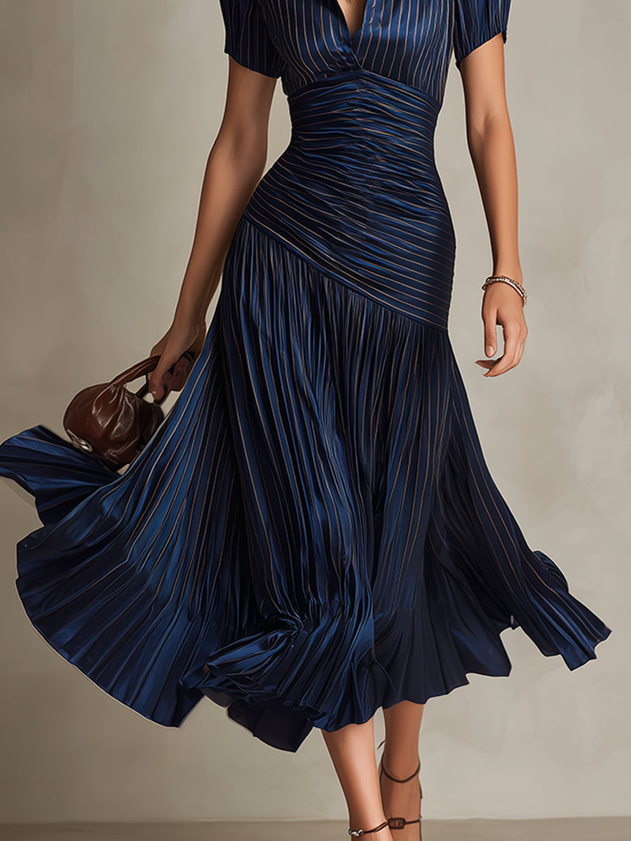 Adriana - Retro Gestreiftes Satin Midi-Kleid
