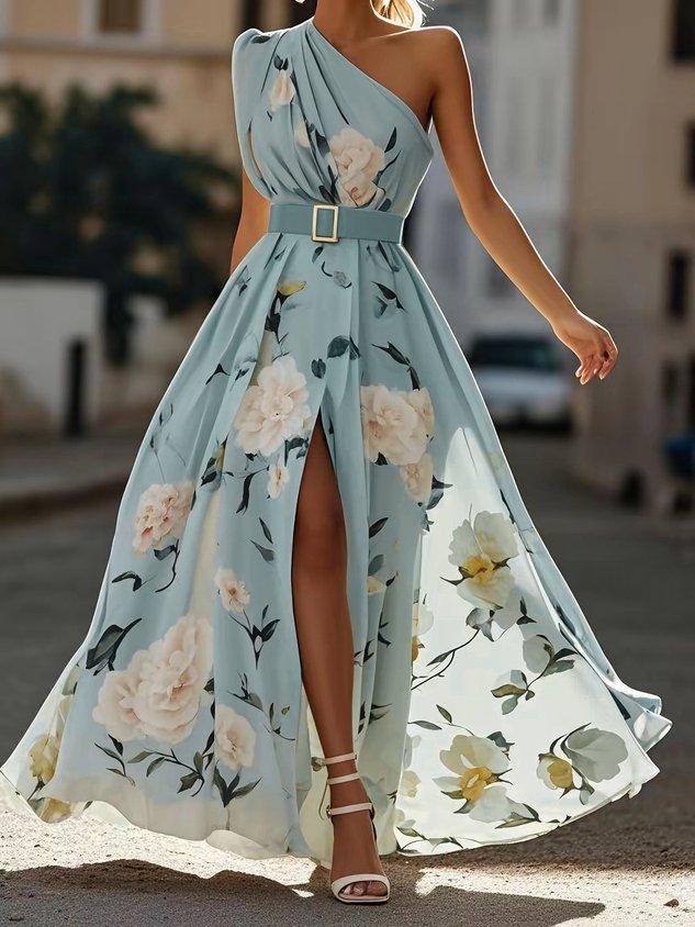 Sella - Rüschendes Ein-Schulter A-Linie Maxi Chiffon Kleid