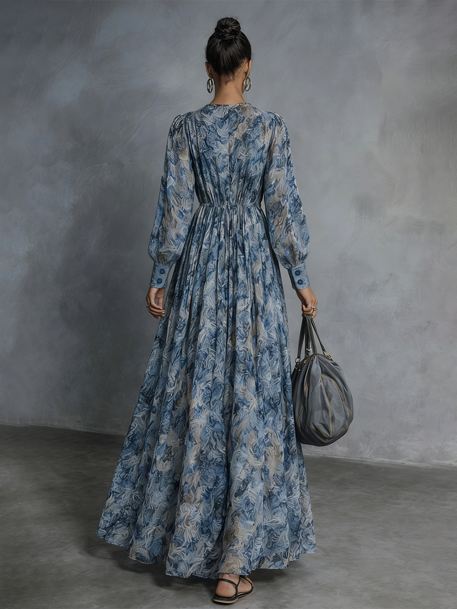 Grace - Bohemian Stil Blau Floral Druck Chiffon Maxikleid