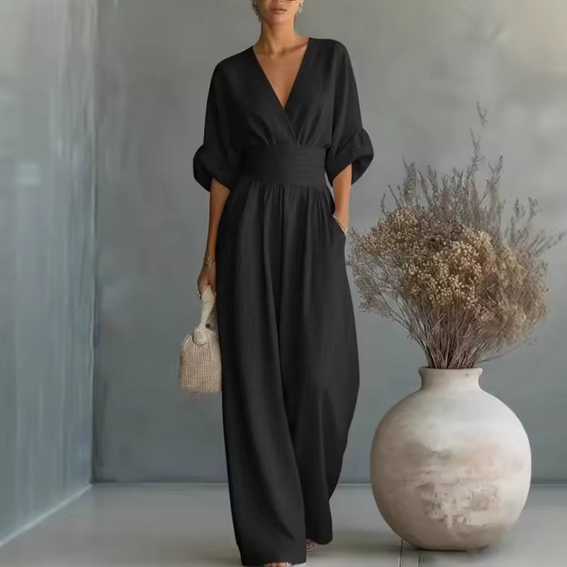 Georgina | Eleganter Jumpsuit mit tiefem V-Ausschnitt und weitem Bein
