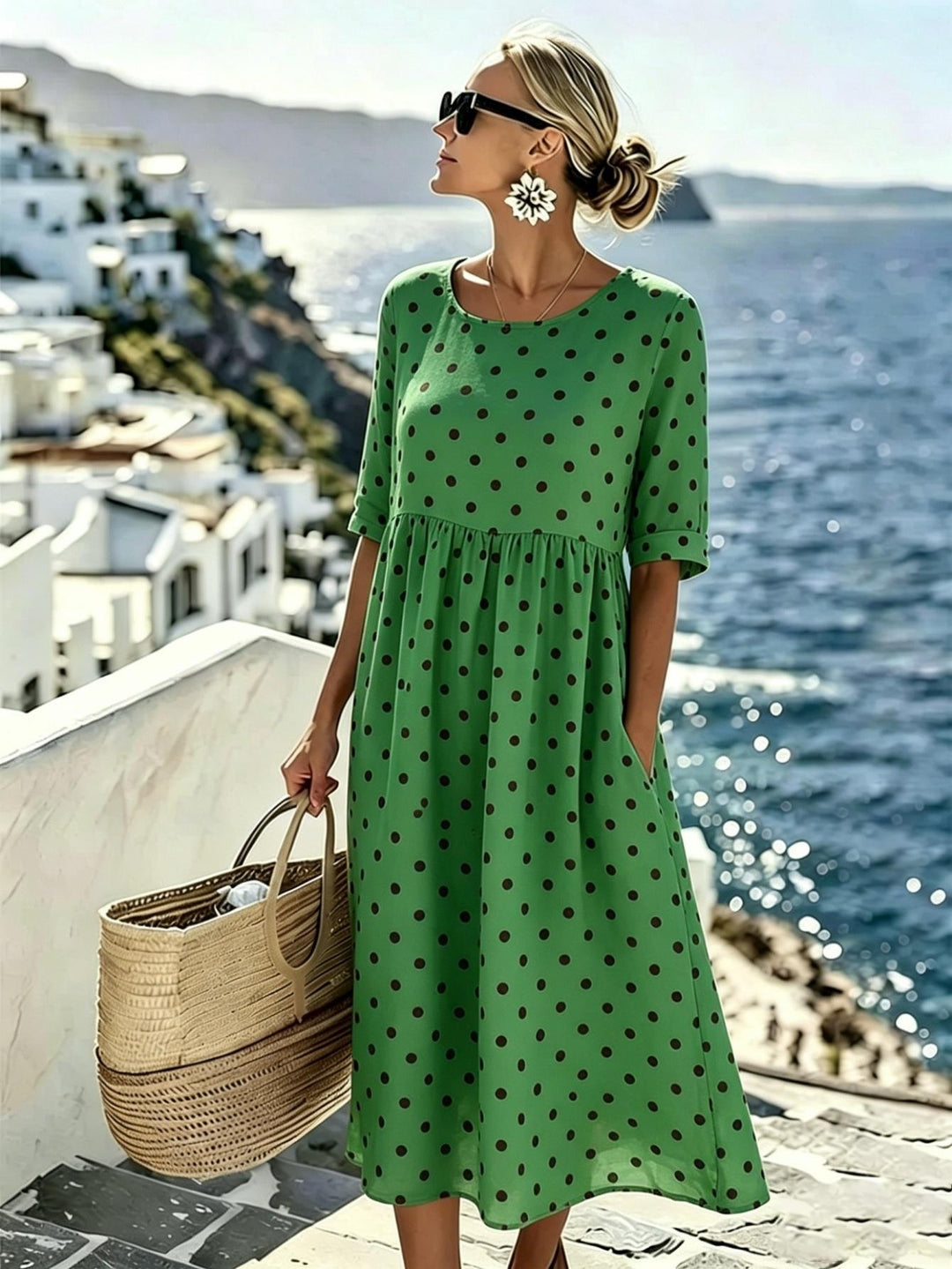 Harper™ | Smaragdgrünes Polka Dot Midi-Kleid