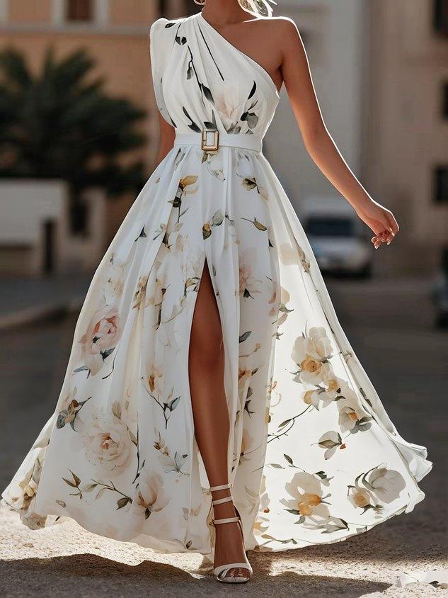 Sella - Rüschendes Ein-Schulter A-Linie Maxi Chiffon Kleid