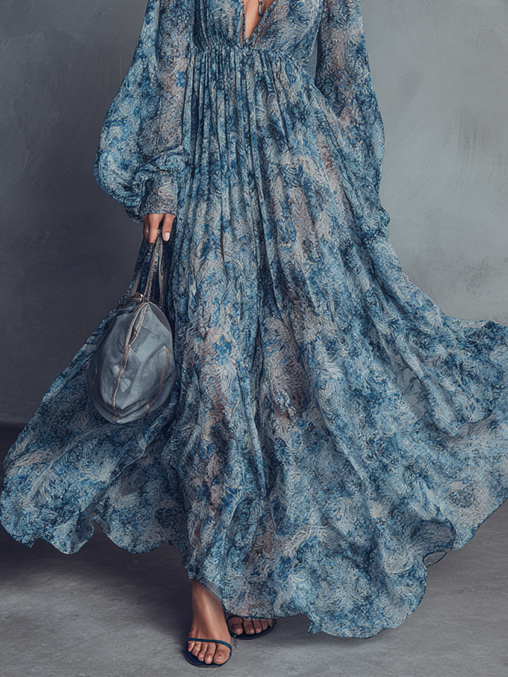 Grace - Bohemian Stil Blau Floral Druck Chiffon Maxikleid