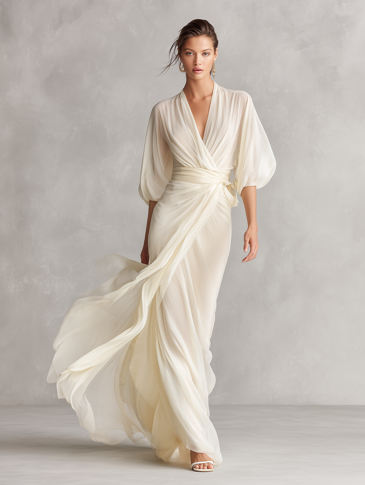 Sefa - Elfenbein Transparente Chiffonkleid