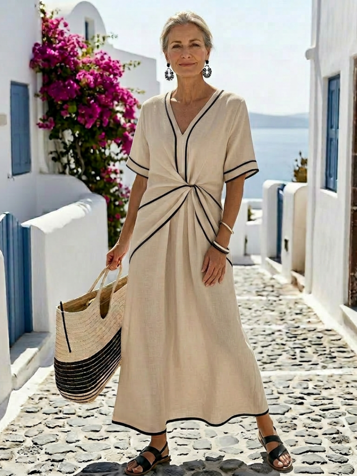 Linnea | V-Ausschnitt Midi-Kleid mit kurzen Ärmeln und geraffter Taille