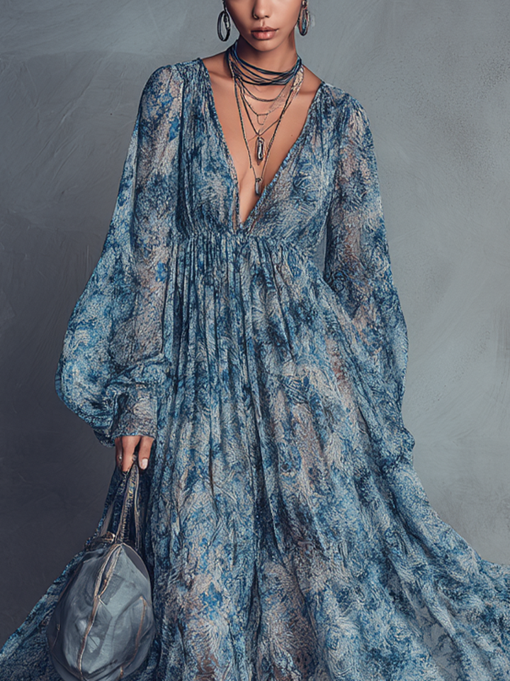 Grace - Bohemian Stil Blau Floral Druck Chiffon Maxikleid