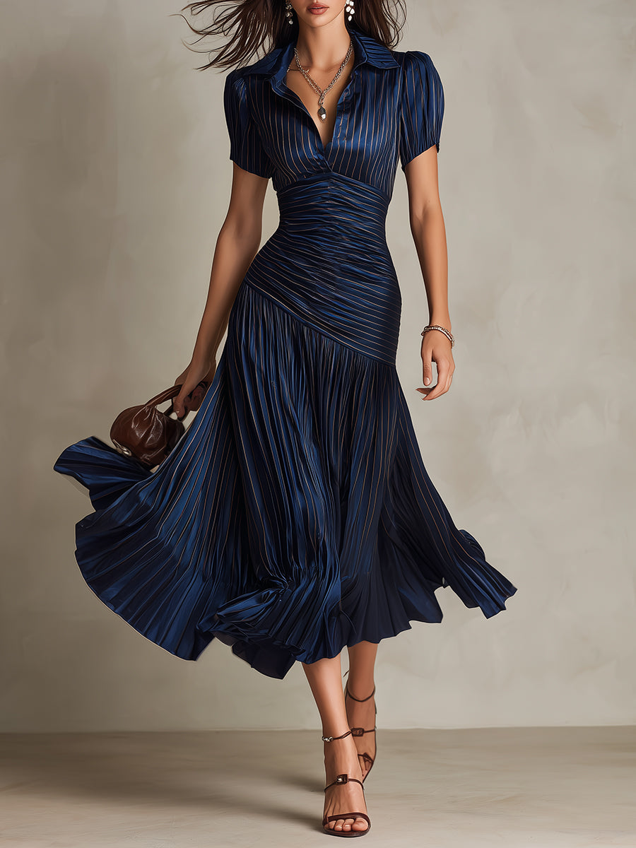 Adriana - Retro Gestreiftes Satin Midi-Kleid