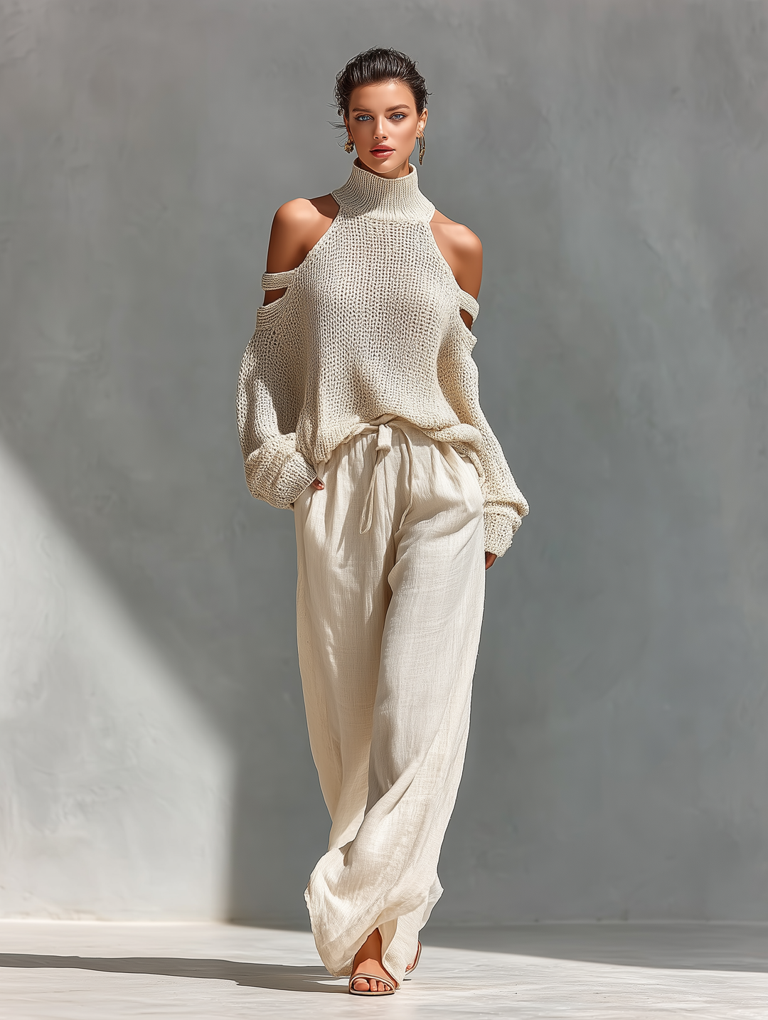 Thalia - Beiges Strick-Off-Shoulder-Turtleneck-Top &amp; Weite Hosen Set