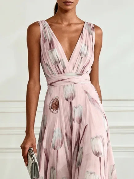 Nerea - Elegantes Maxikleid mit Tulpenmuster und V-Ausschnitt