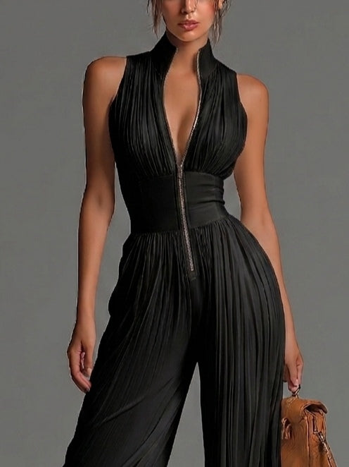 Abigail - V-Ausschnitt Ärmelloser Reissverschluss Plissierter Weitbein Chiffon Jumpsuit