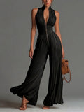 Abigail - V-Ausschnitt Ärmelloser Reissverschluss Plissierter Weitbein Chiffon Jumpsuit