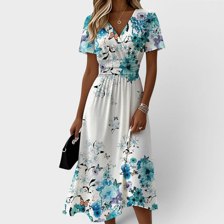 Seraphina | Blaues Blumen-Midi-Kleid mit Flatterärmeln