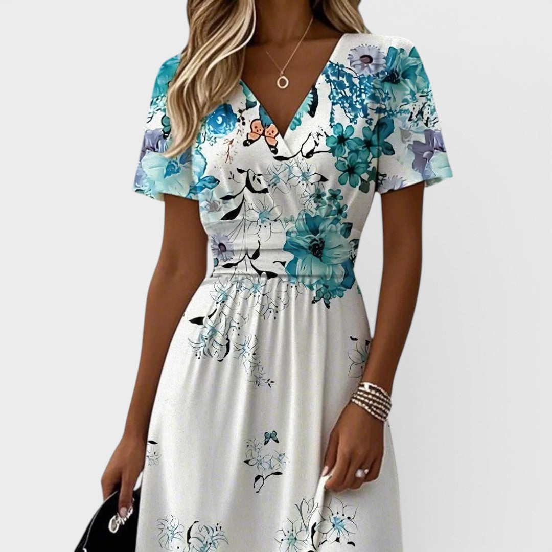 Seraphina | Blaues Blumen-Midi-Kleid mit Flatterärmeln