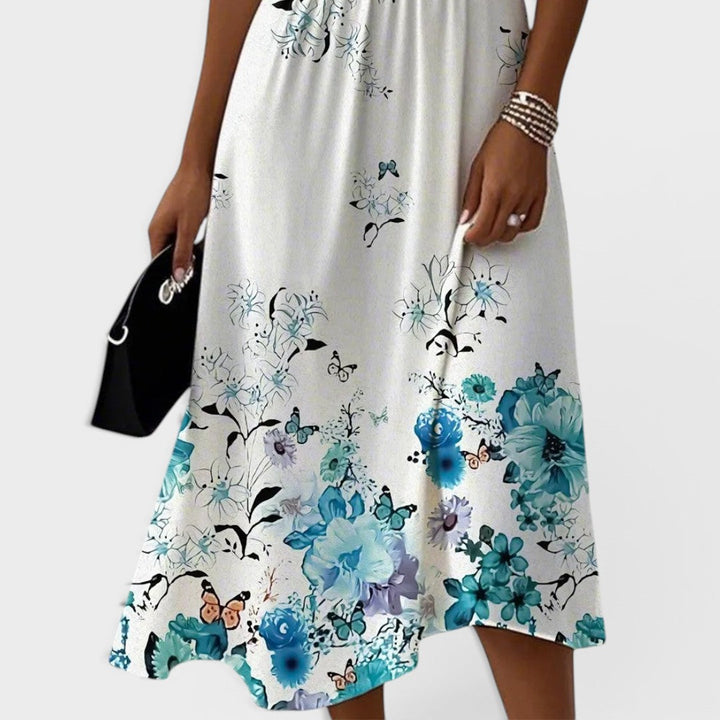 Seraphina | Blaues Blumen-Midi-Kleid mit Flatterärmeln