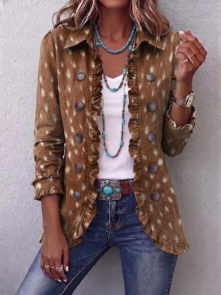 Hélène | Bohémische Jacke mit braunem Tierdruck und Rüschen