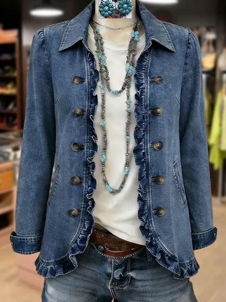 Frédérique | Mittelblaue Jacke mit Rüschen