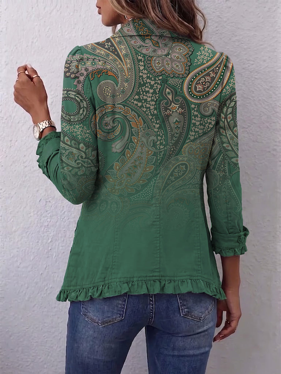 Cosette | Bohemian Paisley Grüne Jacke mit Rüschen