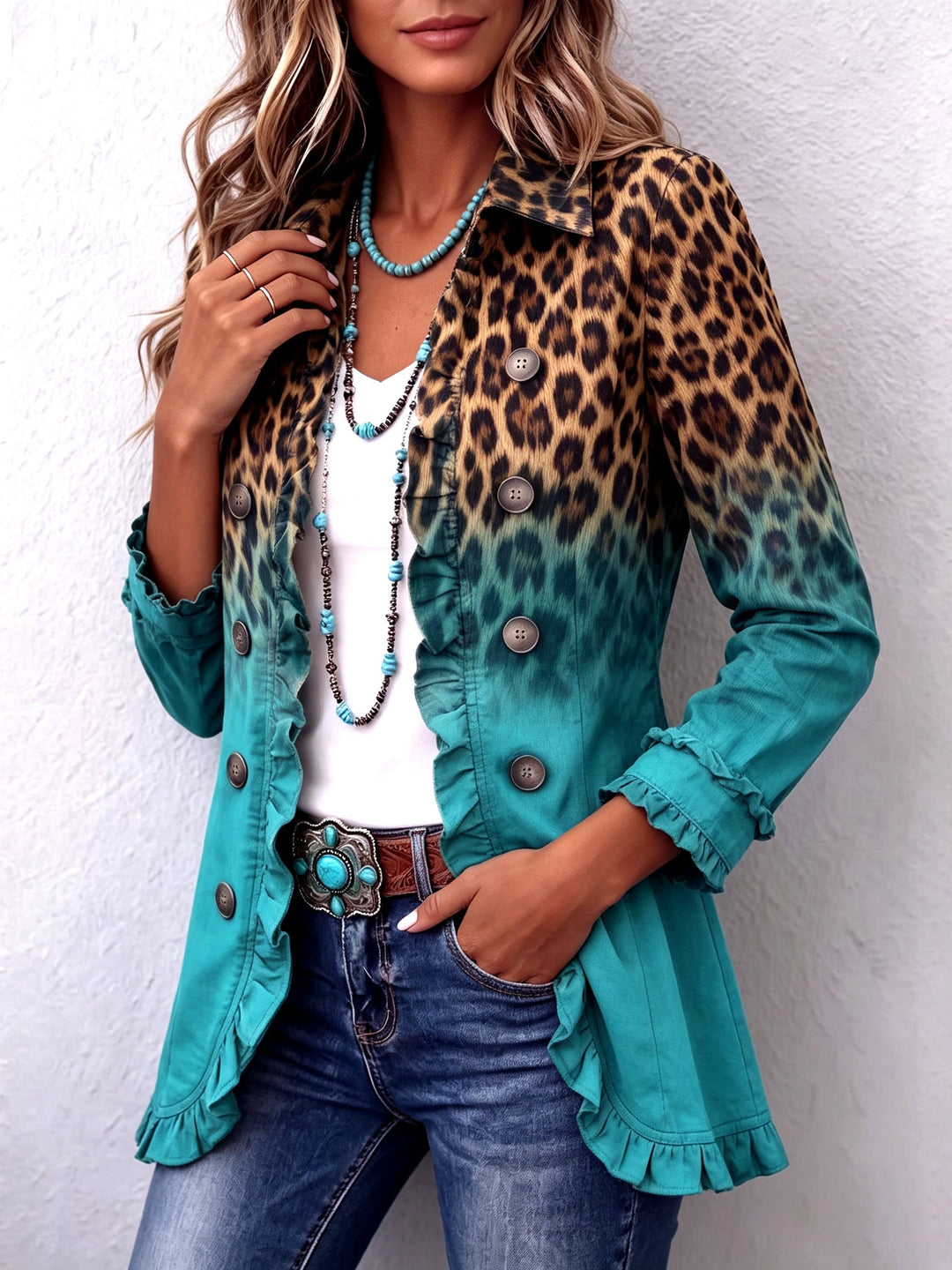 Béatrice | Blazer Leopard Farbverlauf Türkis mit Volants