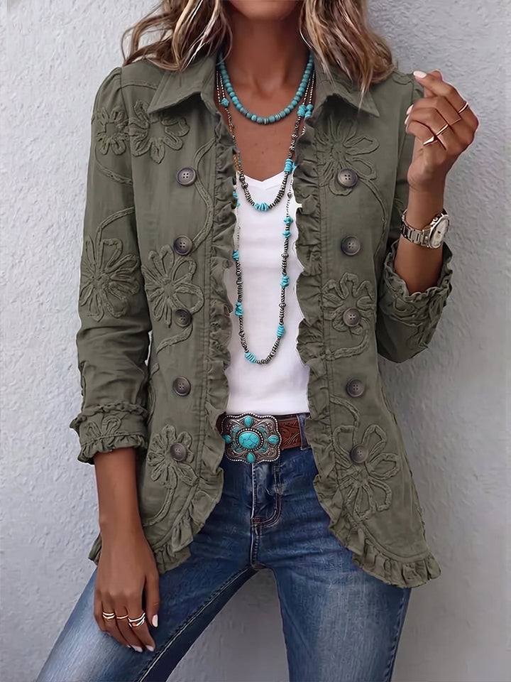 Alexandrine | Bohème-Chic Jacke mit Retro-Grüner Blumenstickerei und Rüschenabschlüssen