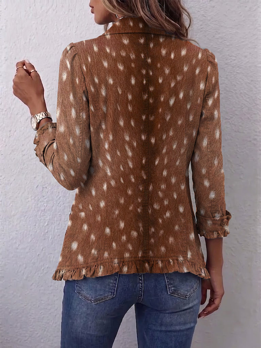 Hélène | Bohémische Jacke mit braunem Tierdruck und Rüschen