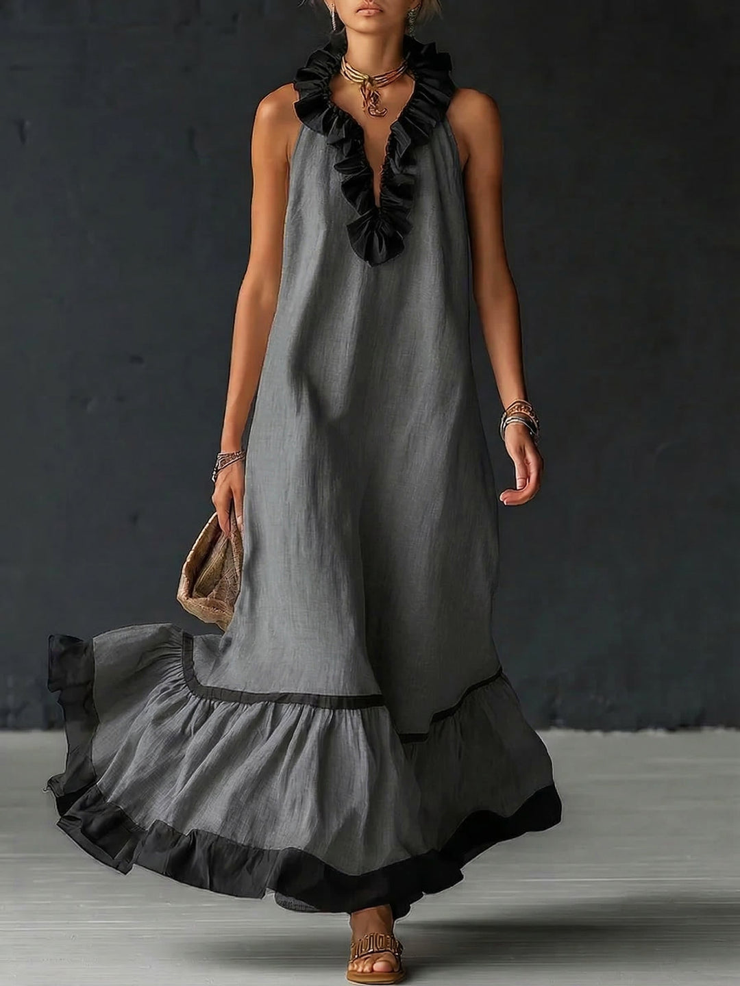 Celestine | Farbblock-Rüschensmaxikleid
