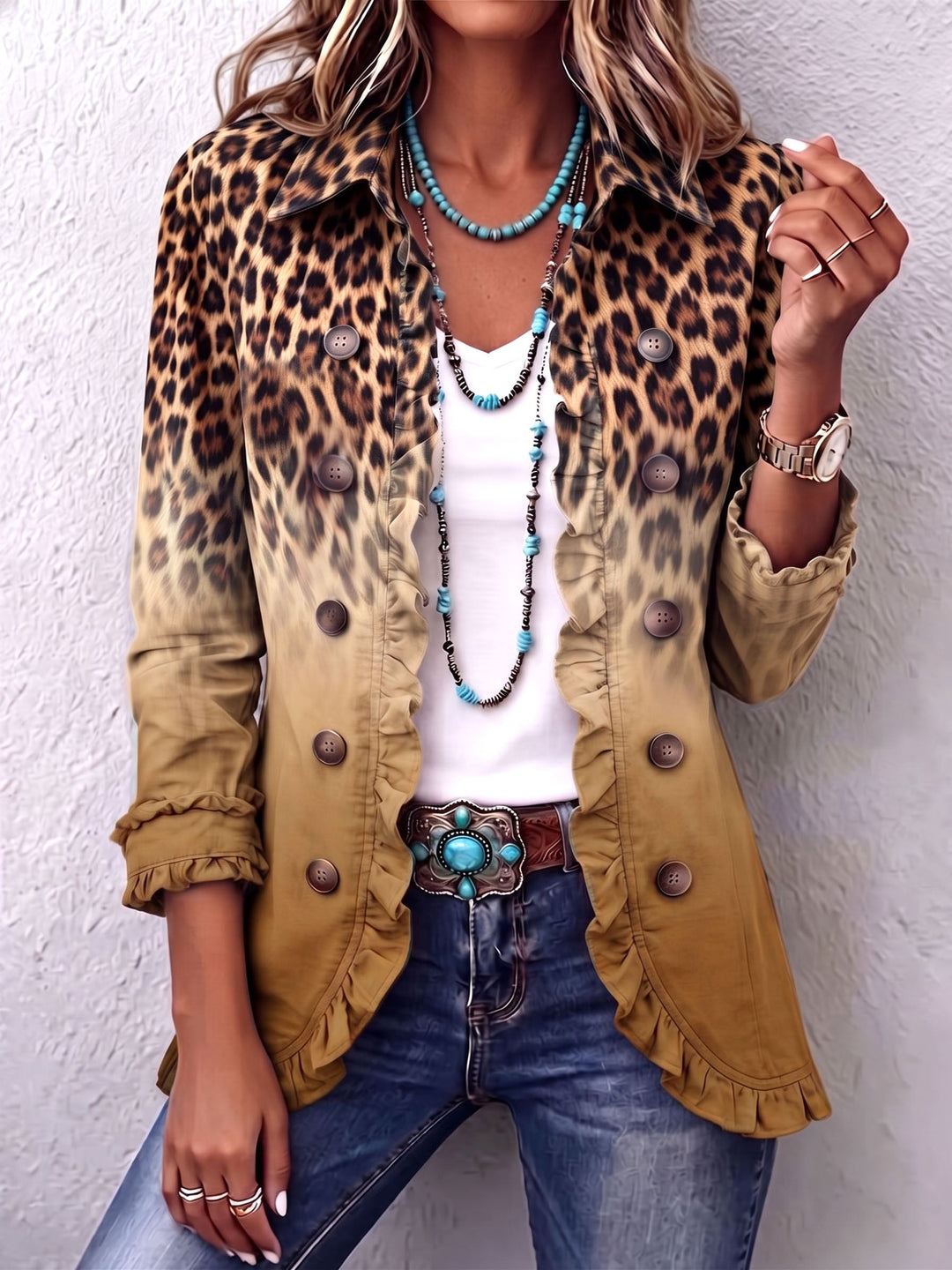 Béatrice | Blazer Leopard Farbverlauf Türkis mit Volants