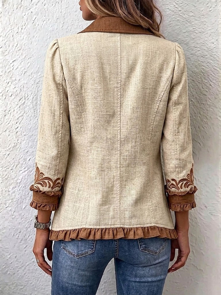 Octavie | Vintage Boho-Blumenjacke in Camel und Braun mit Rüschen