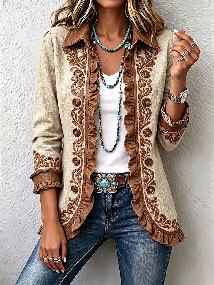Octavie | Vintage Boho-Blumenjacke in Camel und Braun mit Rüschen