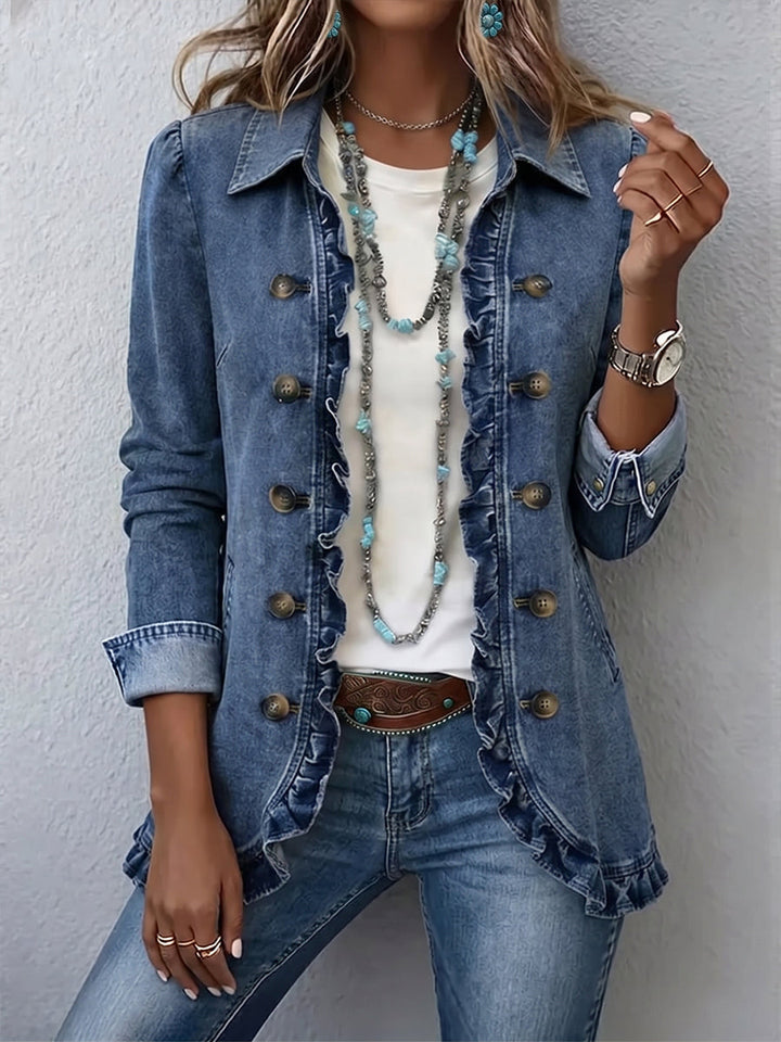 Frédérique | Mittelblaue Jacke mit Rüschen