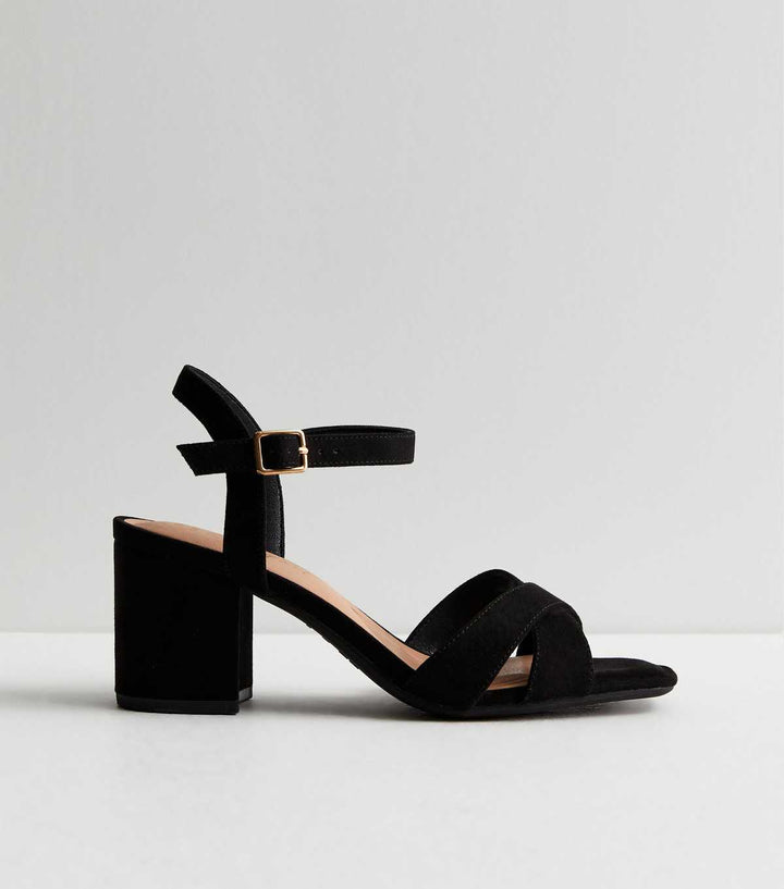 Breite Passform Schwarze Veloursleder 2-Teilige Blockabsatz Sandalen | New Look