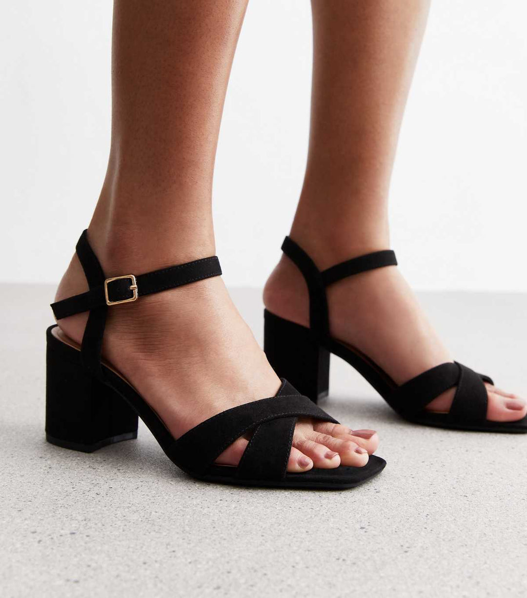 Breite Passform Schwarze Veloursleder 2-Teilige Blockabsatz Sandalen | New Look