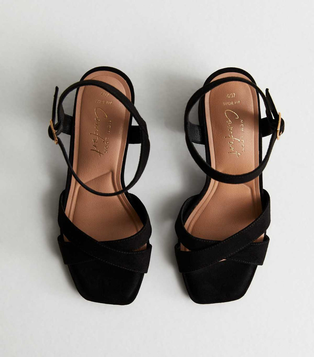 Breite Passform Schwarze Veloursleder 2-Teilige Blockabsatz Sandalen | New Look
