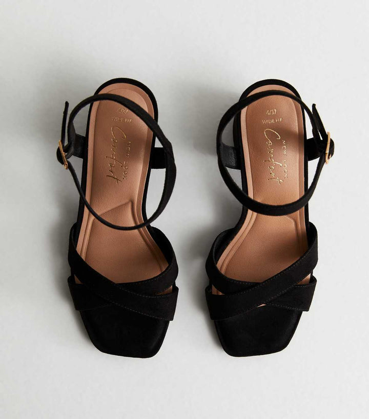 Breite Passform Schwarze Veloursleder 2-Teilige Blockabsatz Sandalen | New Look