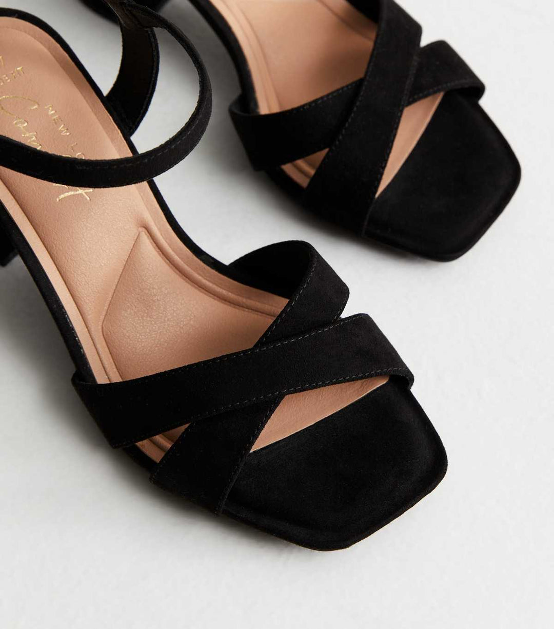 Breite Passform Schwarze Veloursleder 2-Teilige Blockabsatz Sandalen | New Look