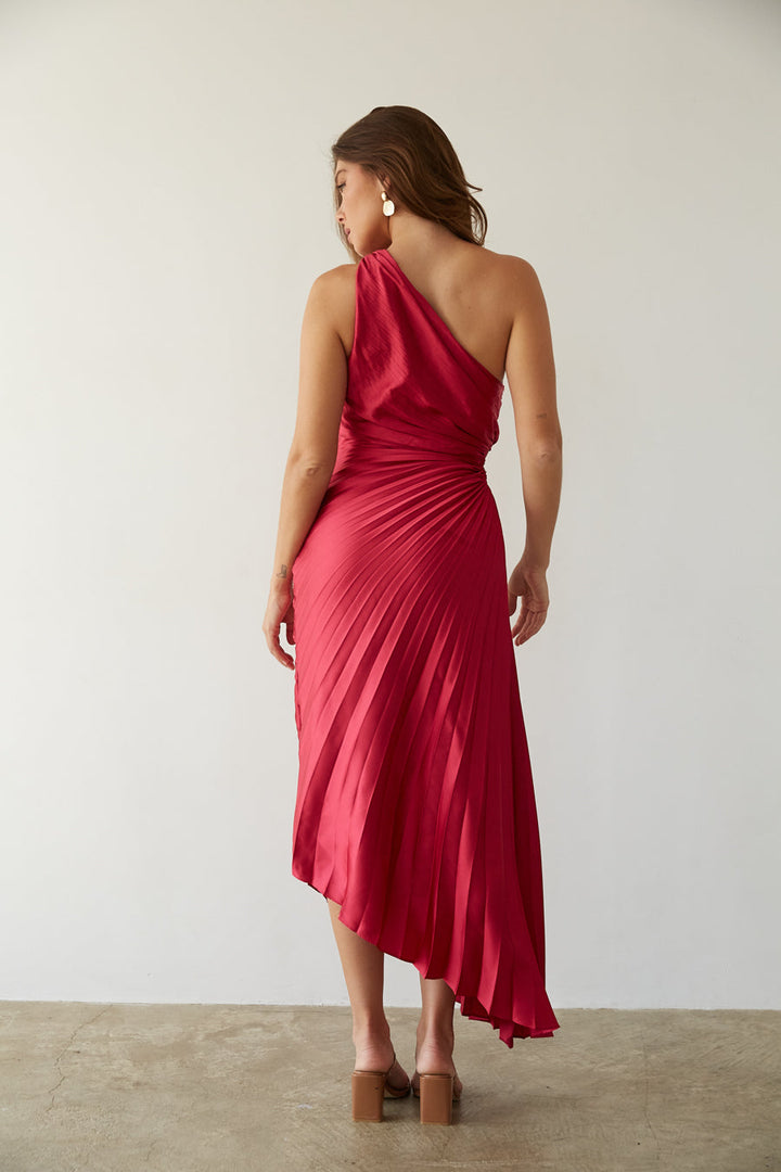 Sylviana - Ein Schulter Falten Midi Kleid